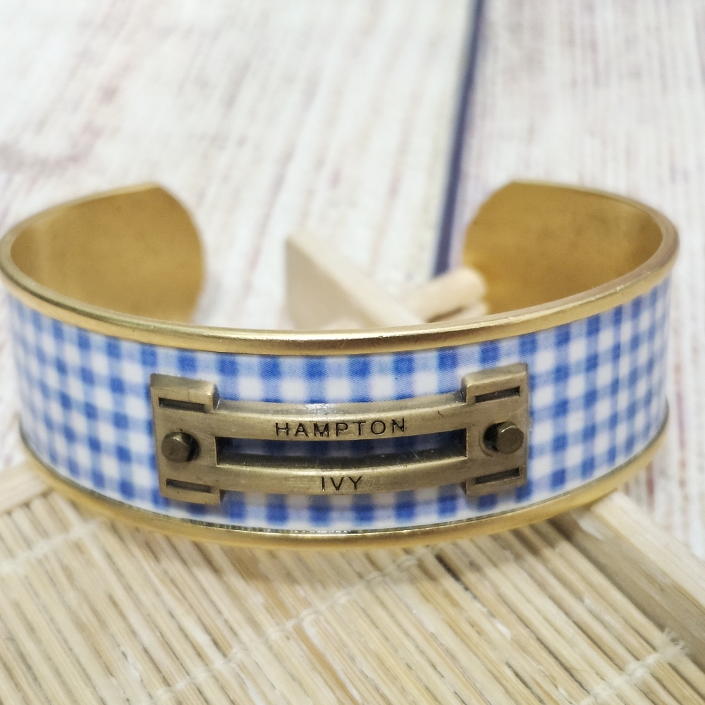 Vintage Hampton Ivy Blue And White Plaid Brass Cuff Bracelet